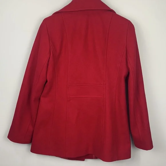 London Fog Red Collar Wool Blend Lined Pea Coat Size Small